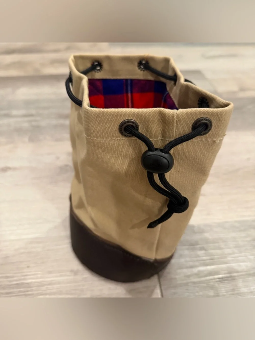 Kilele Canvas & Leather Shell Travel Bag in Beige and Brown, Interior plaid
